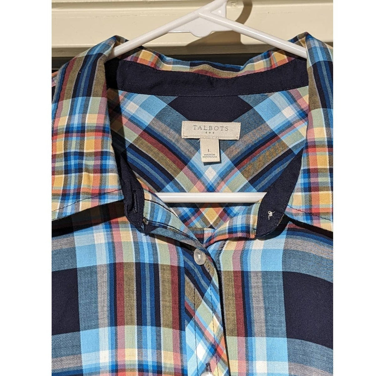 Talbot's Cotton Blue Plaid Button Up Roll Tab Sleeve Shirt Women's Size L