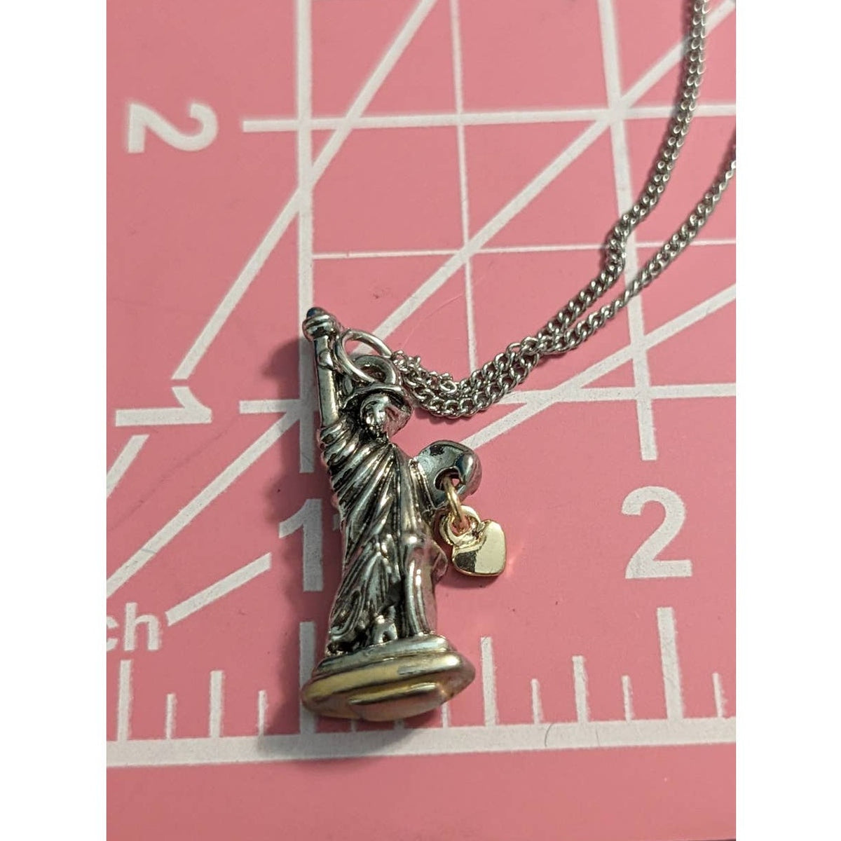 Statute of Liberty Heart Charm Two Tone Metal Pendant 21" Necklace