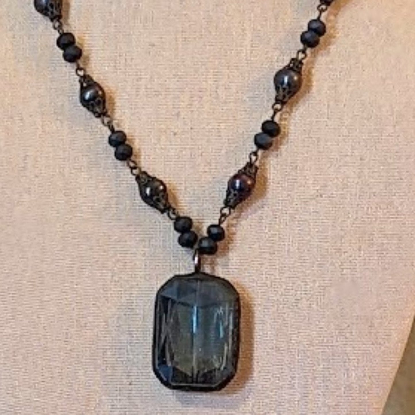 Vintage Bezel Set Smoky Blue Crystal Pendant on Beaded Chain Necklace