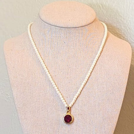Faux Pearl Necklace with Bezel Set Red Crystal Pendant Set in Gold Tone Metal