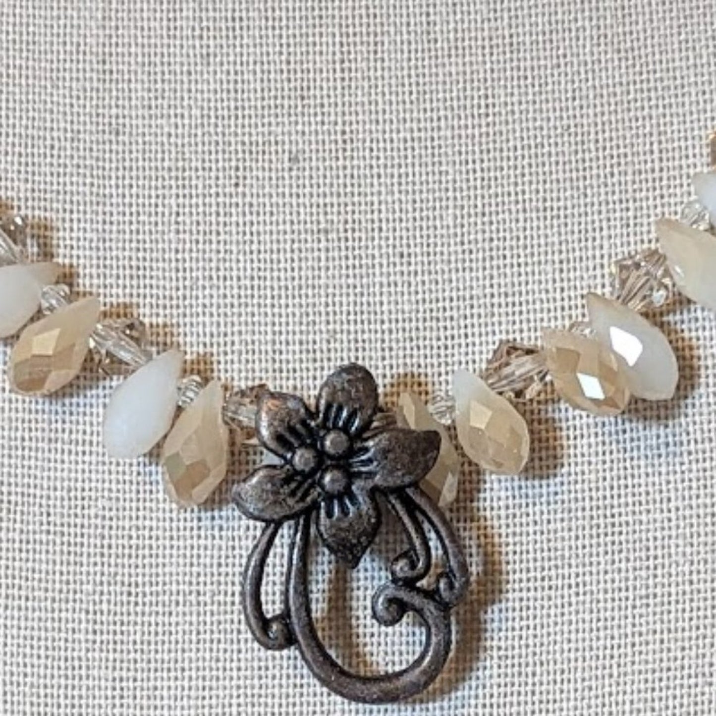 Bronze and Briolette Glass Bead Necklace with Flower Pendant and Toggle Clasp