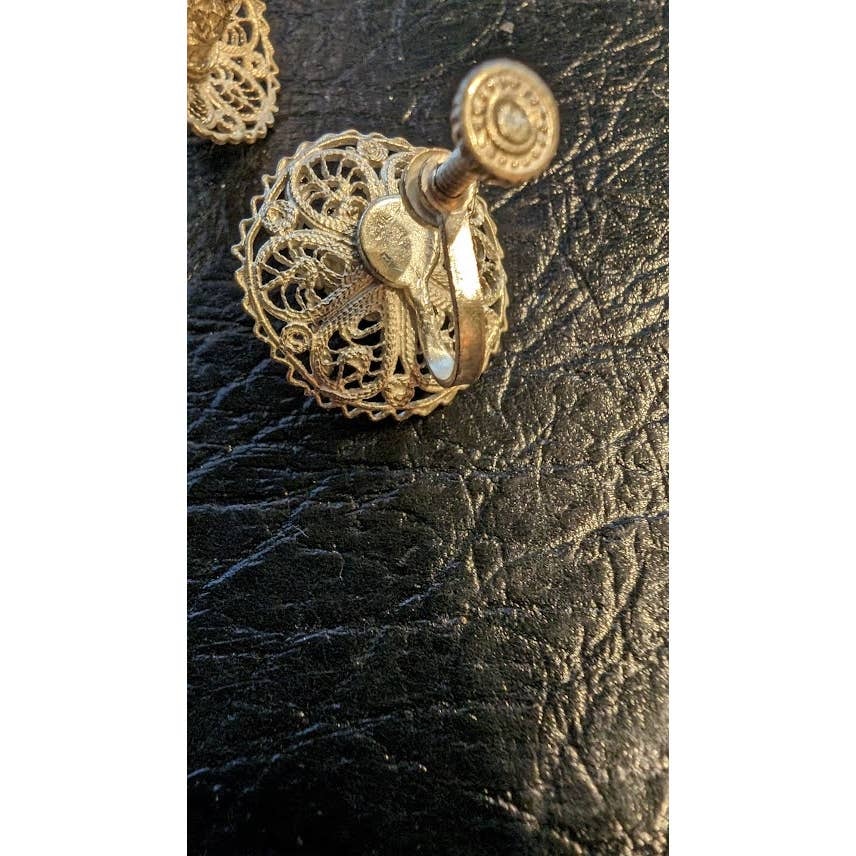 Vintage 1940s Sterling 925 Mexico Sombrero Hat Filigree Screw Back Earrings