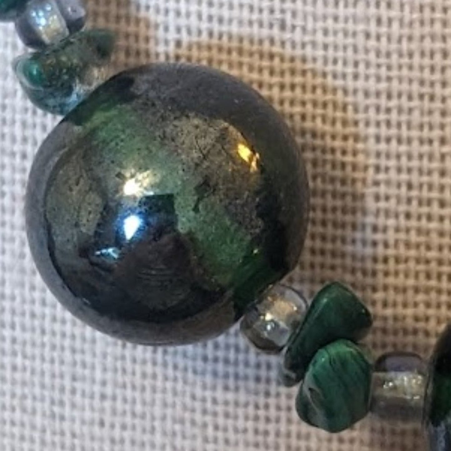 Vintage Green Glass Beads with Malachite Chip and Bead 16" Necklace