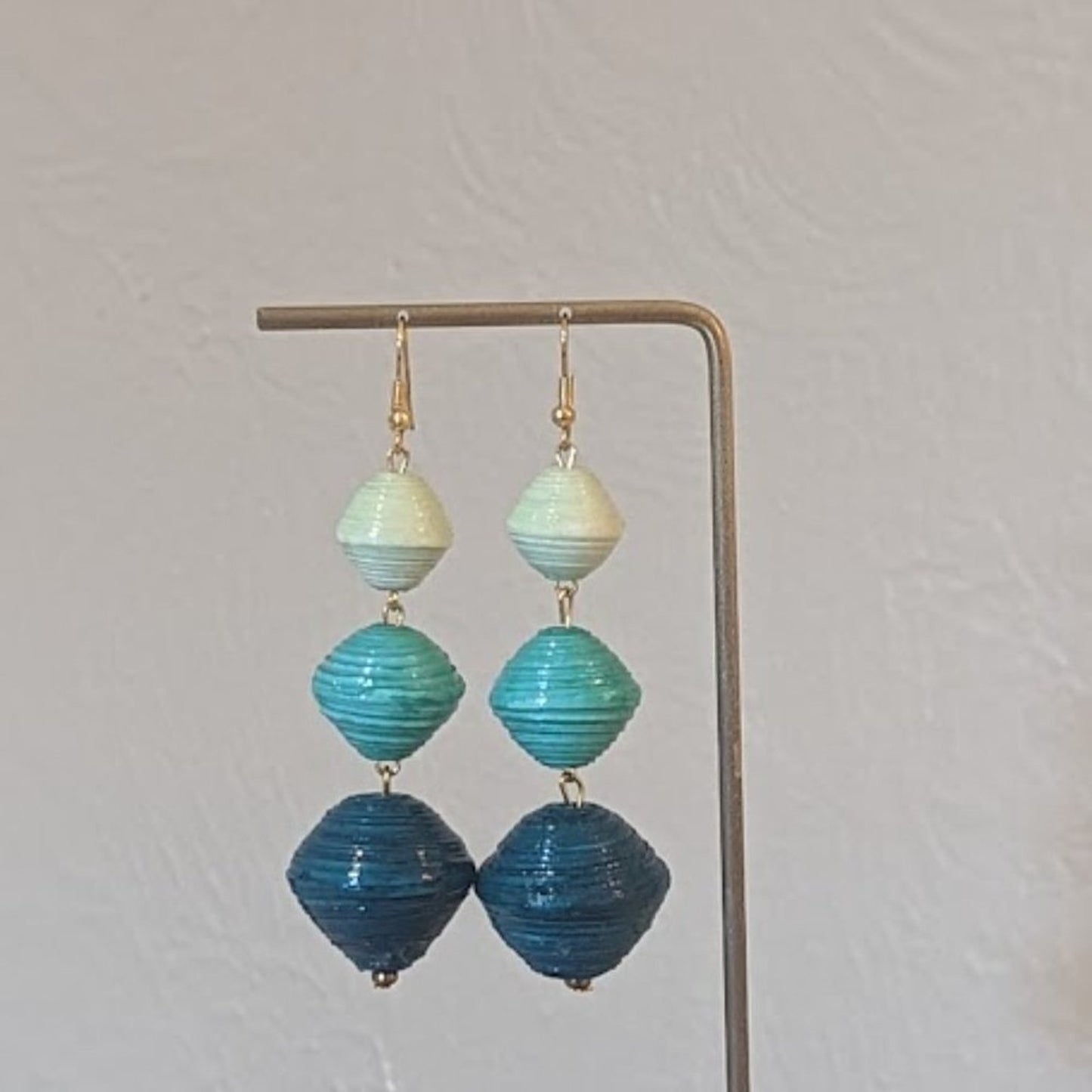 Handcrafted Colors of Teal Paper Bead Dangle Earrings Made in Uganda