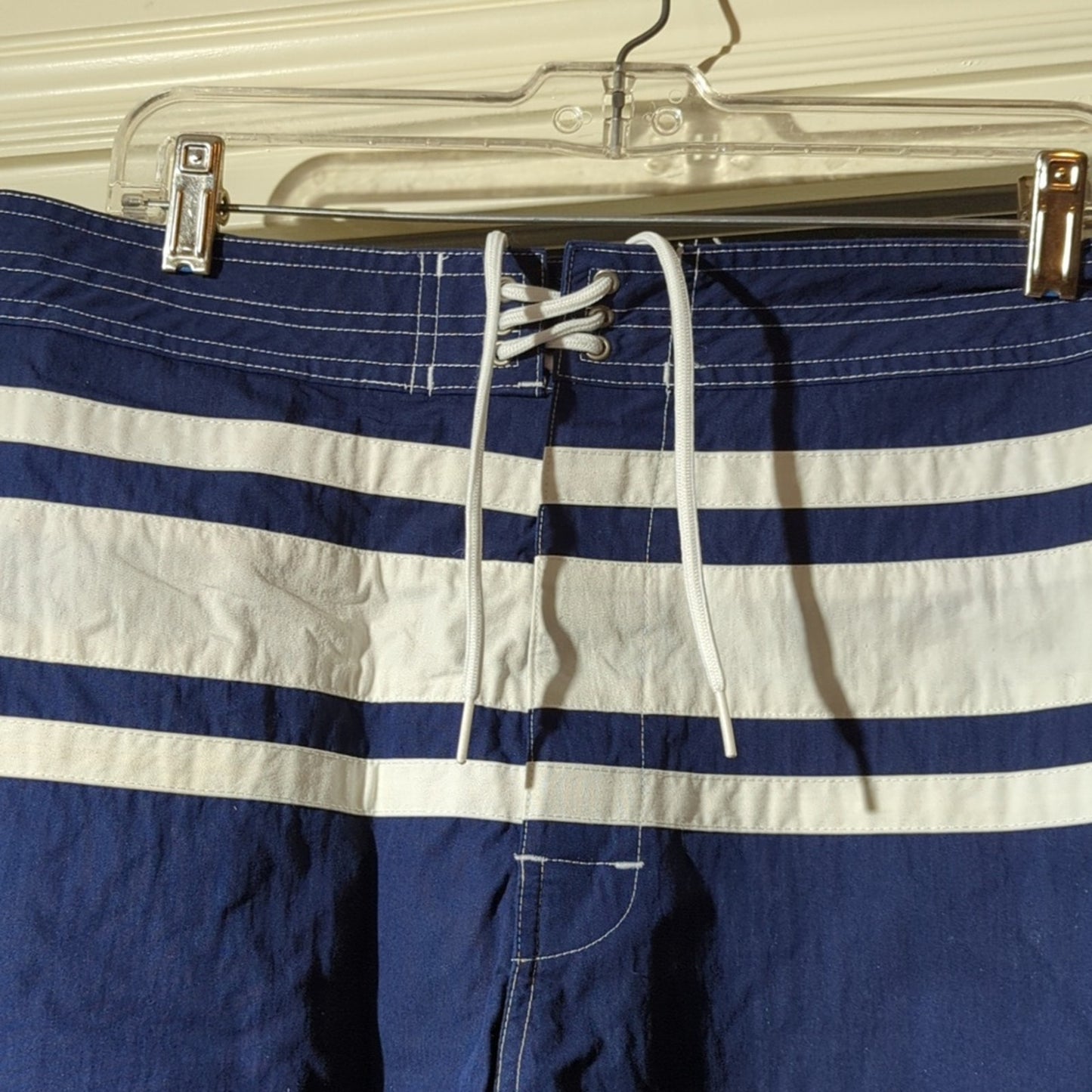Polo Ralph Lauren Navy White Stripe Velcro Front Logo Pocket Swim Trunks Sz 34