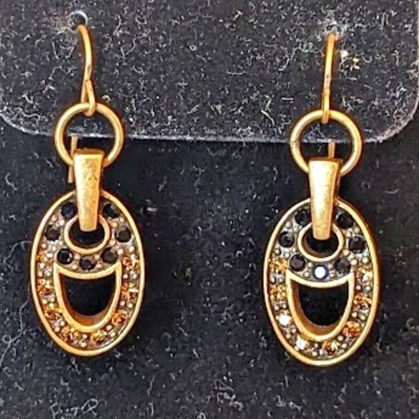 Black and Brown Rhinestones Set in Ovals of Brushed Antique Gold Earrings