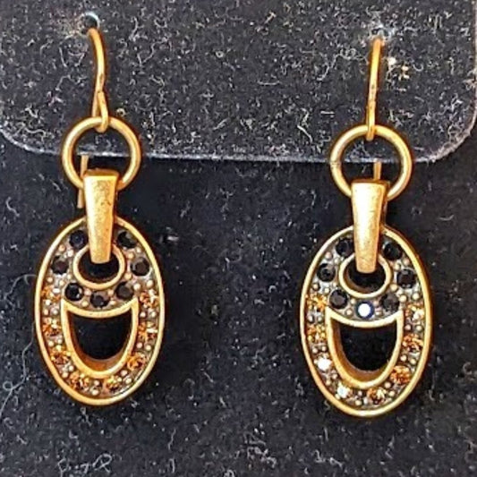 Black and Brown Rhinestones Set in Ovals of Brushed Antique Gold Earrings