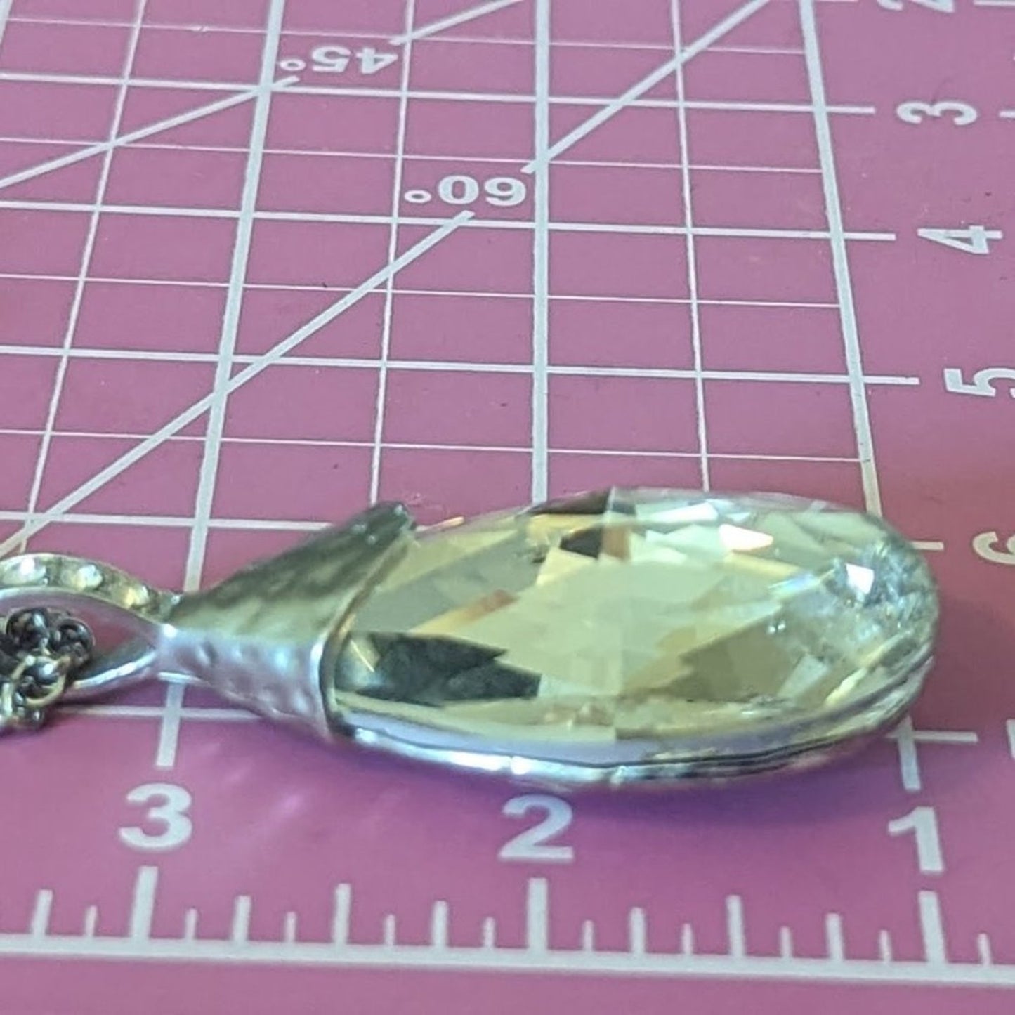 Long Silver Tone Role Chain with Huge Teardrop Faceted Crystal Pendant