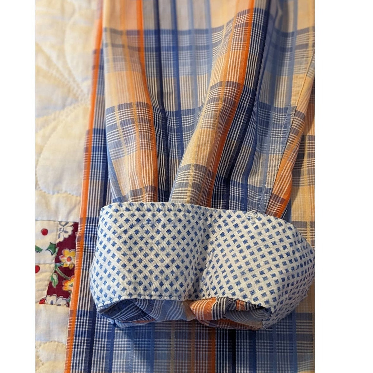 Tasso Elba Blue & Orange Plaid Button Up 100% Cotton Dress Shirt Mens Sz XL