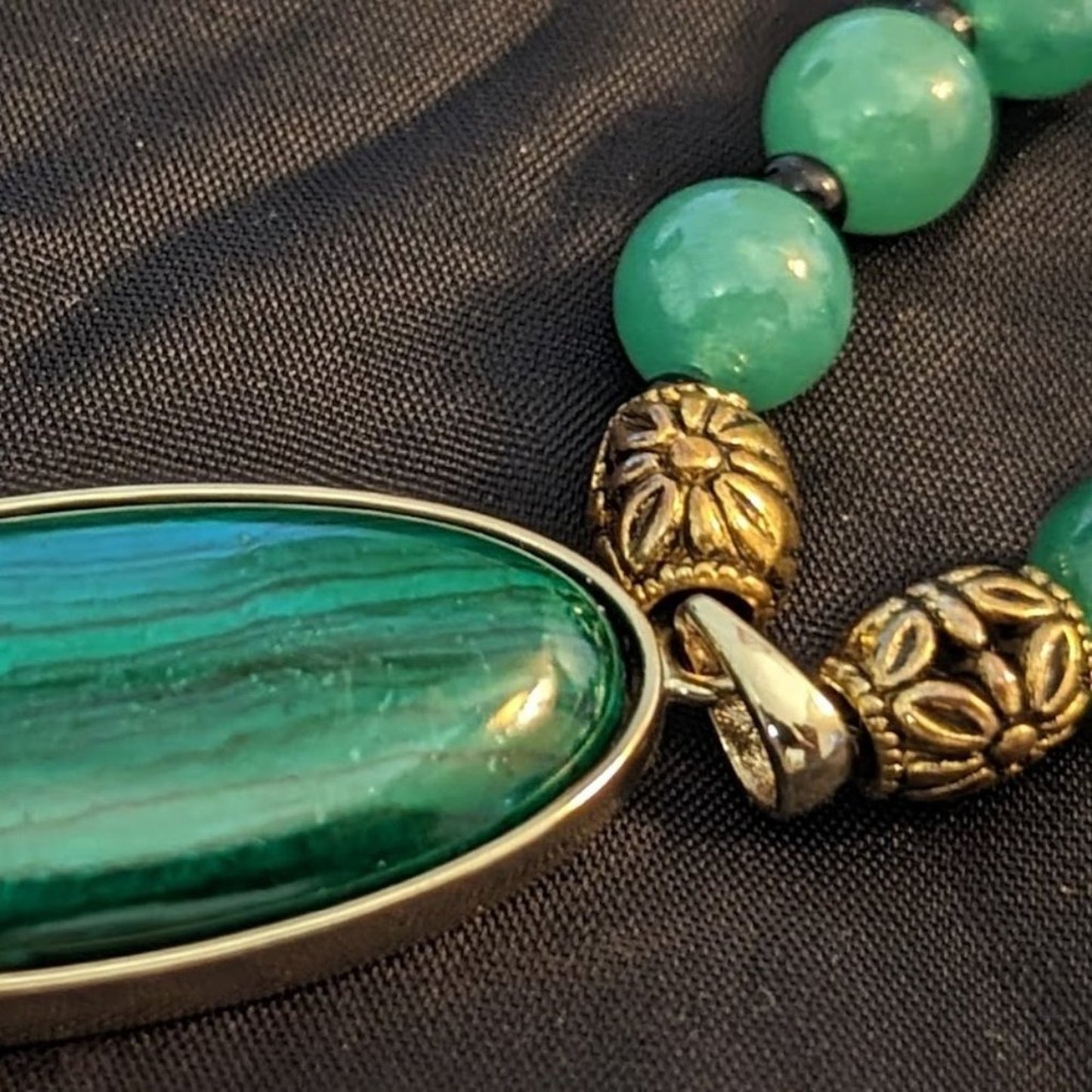Green Gemstone Black Carved Bead Malachite Pendant Necklace