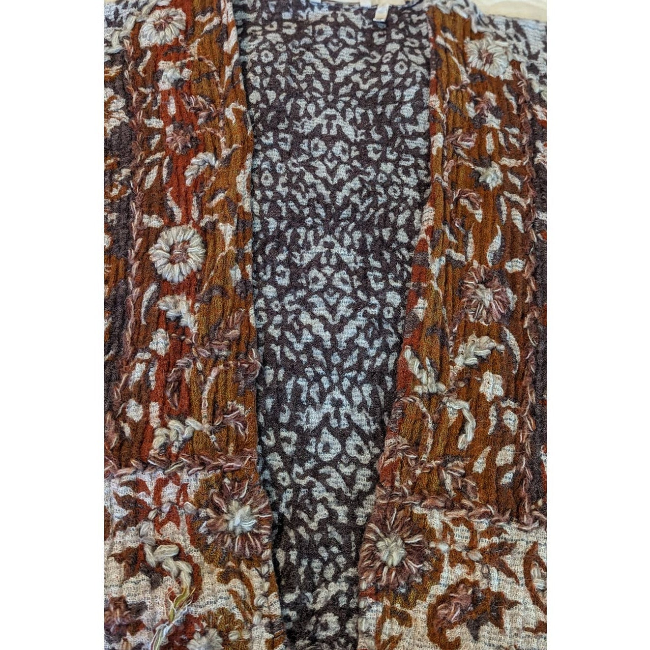 Soft Surroundings Pasha Pumpkin Leopard Print Fringe Cardigan Womens Sz S/M