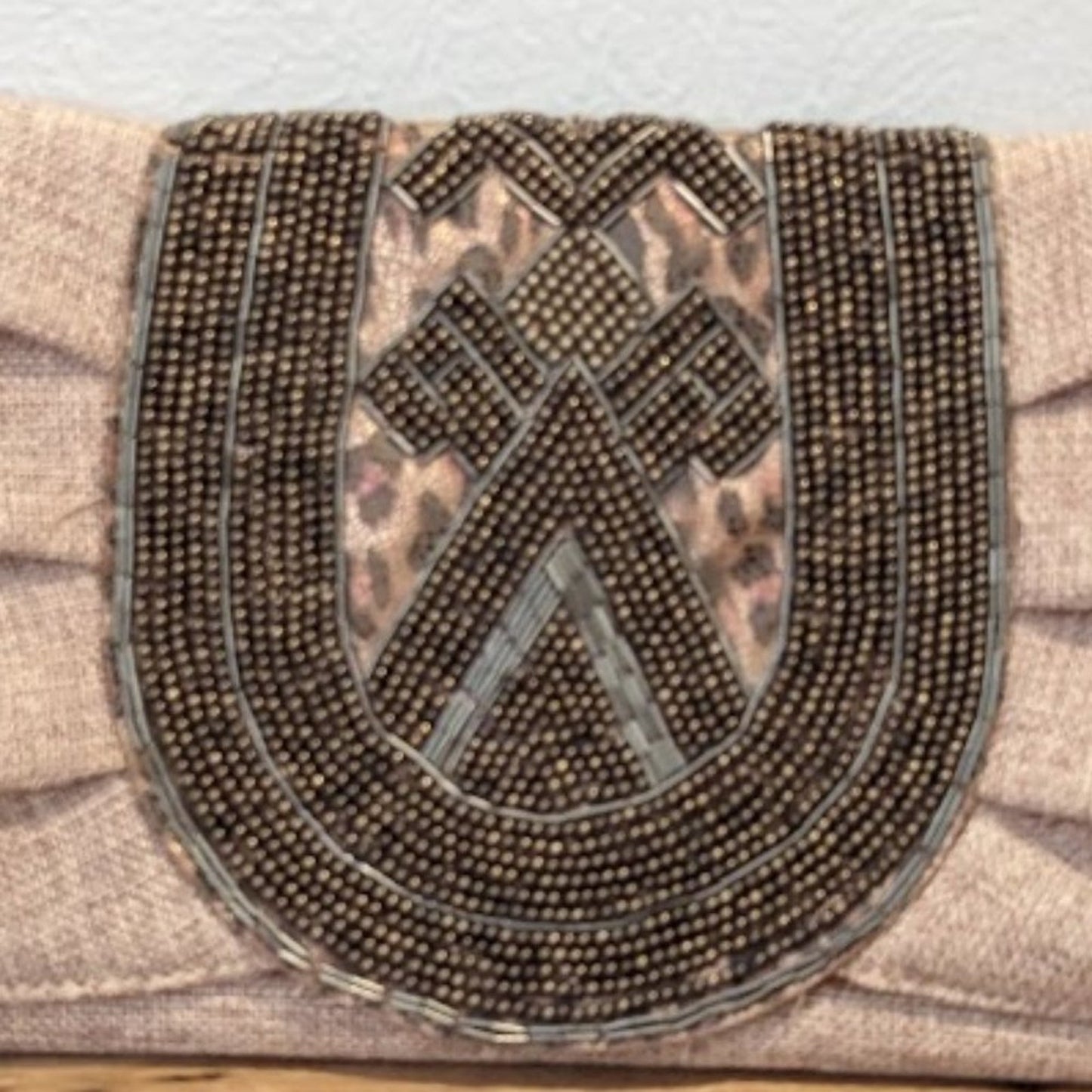 Chico's Woven Beaded Animal Print Envelope Clutch Tan