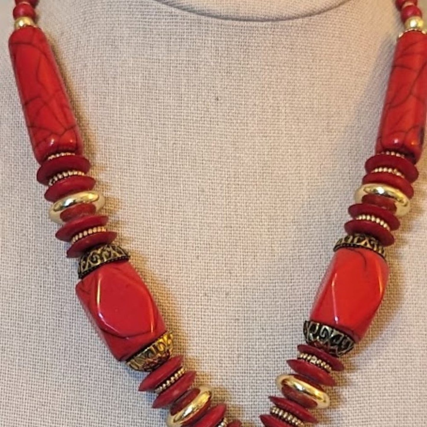 Red Tribal Vibe Inlay Pendant Necklace with Vintage Hook Clasp