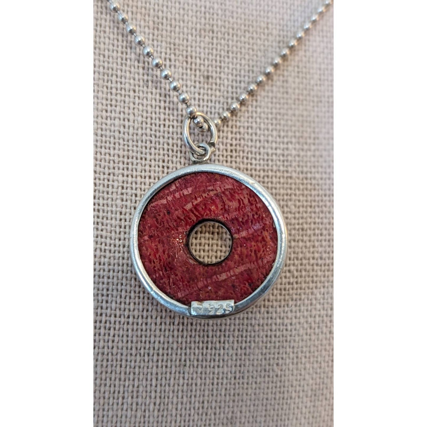 Bezel Set Oval Red Coral Pendant on Italian 925 Sterling Bead Ball 16" Chain