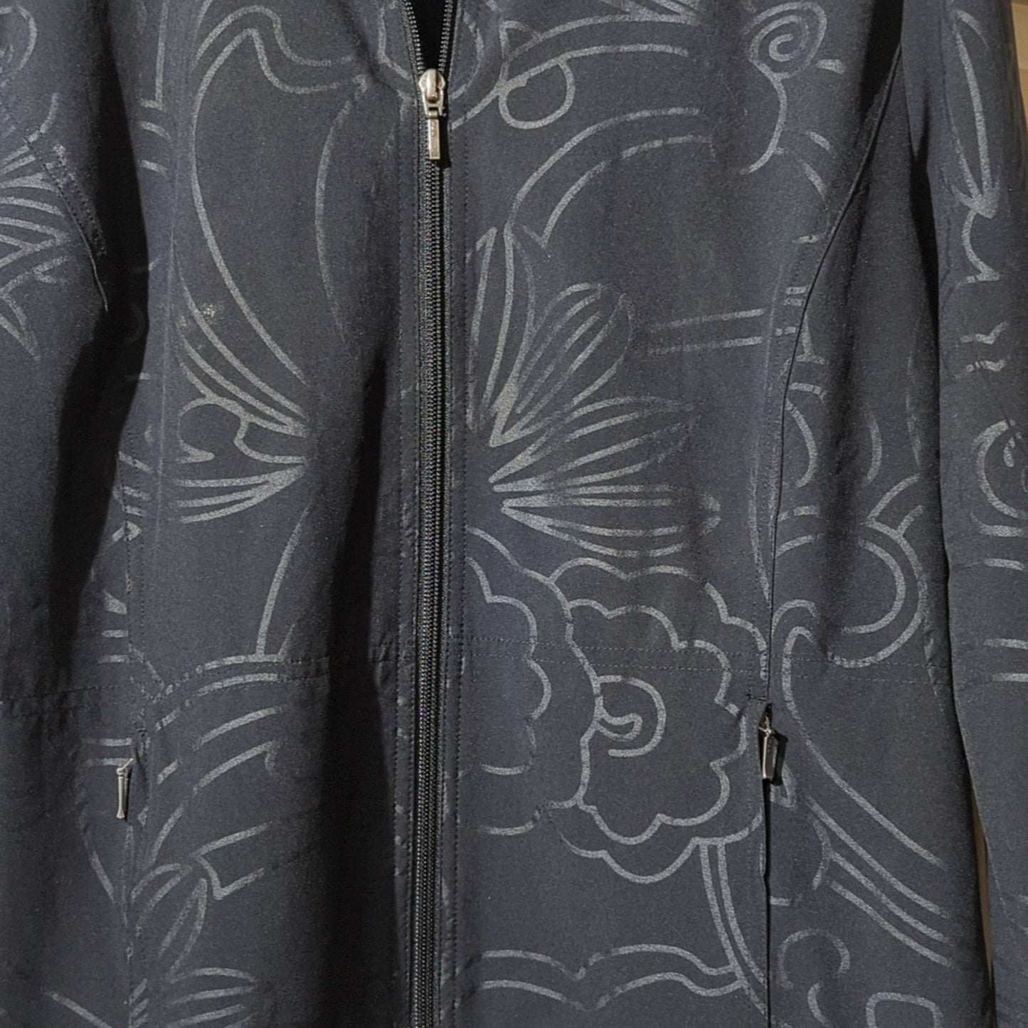 Zenergy by Chico Lightweight Black Floral Print Zip Up Pocket Jacket Sz 2 (L 12)