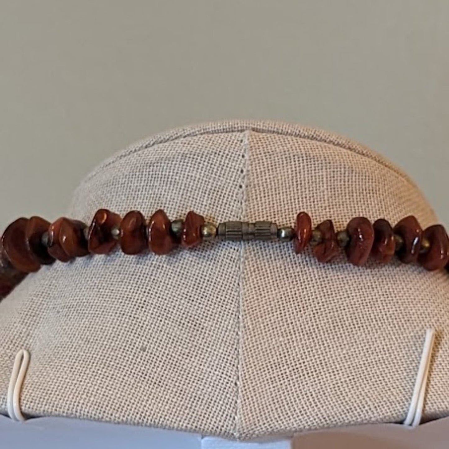 Vintage Red Brown Stone Beaded Chip Necklace with Brass Accents