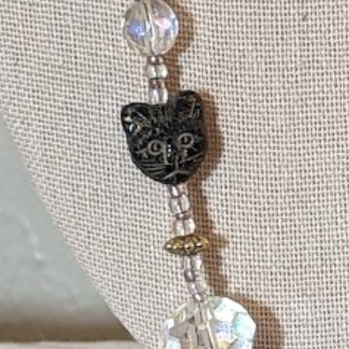 Quirky Crystal Kitty Beaded Silver Tone Necklace
