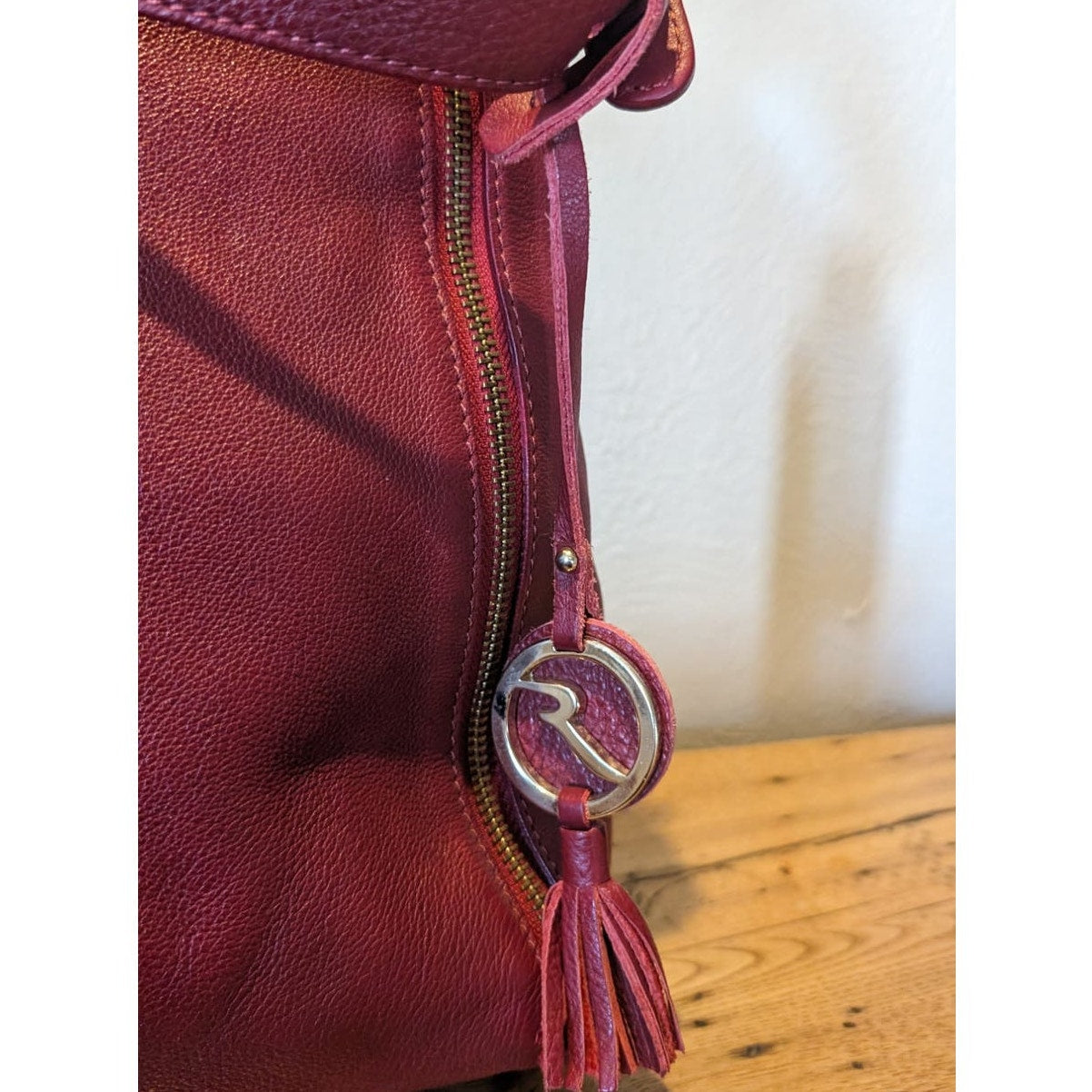 Varriale Dark Red Italian Leather Double Front Gold Zipper Bucket Shoulder Bag