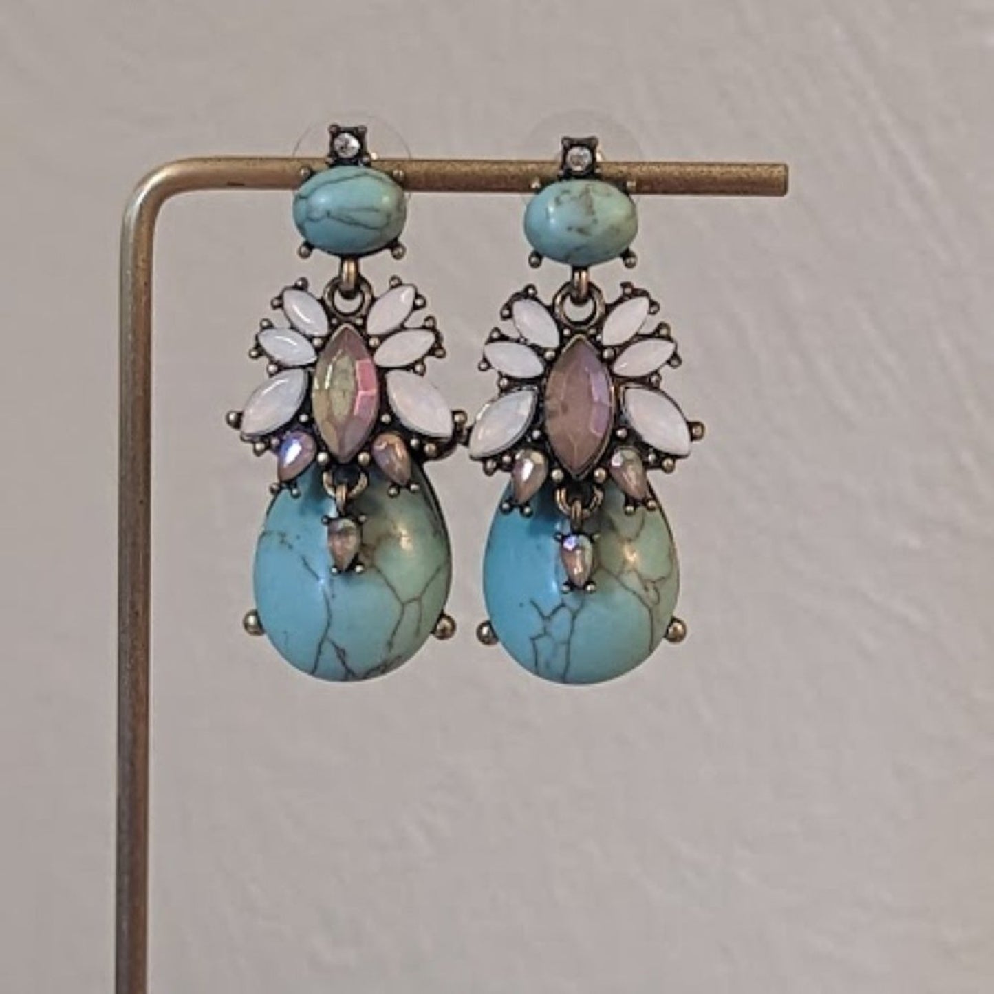 Chunky Turquoise Dyed Howlite and Crystal Statement Post Earrings