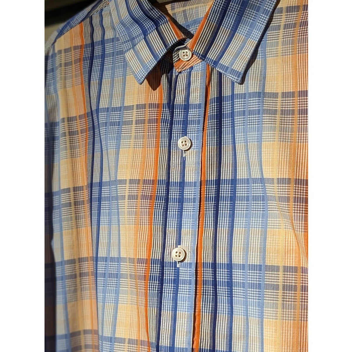 Tasso Elba Blue & Orange Plaid Button Up 100% Cotton Dress Shirt Mens Sz XL