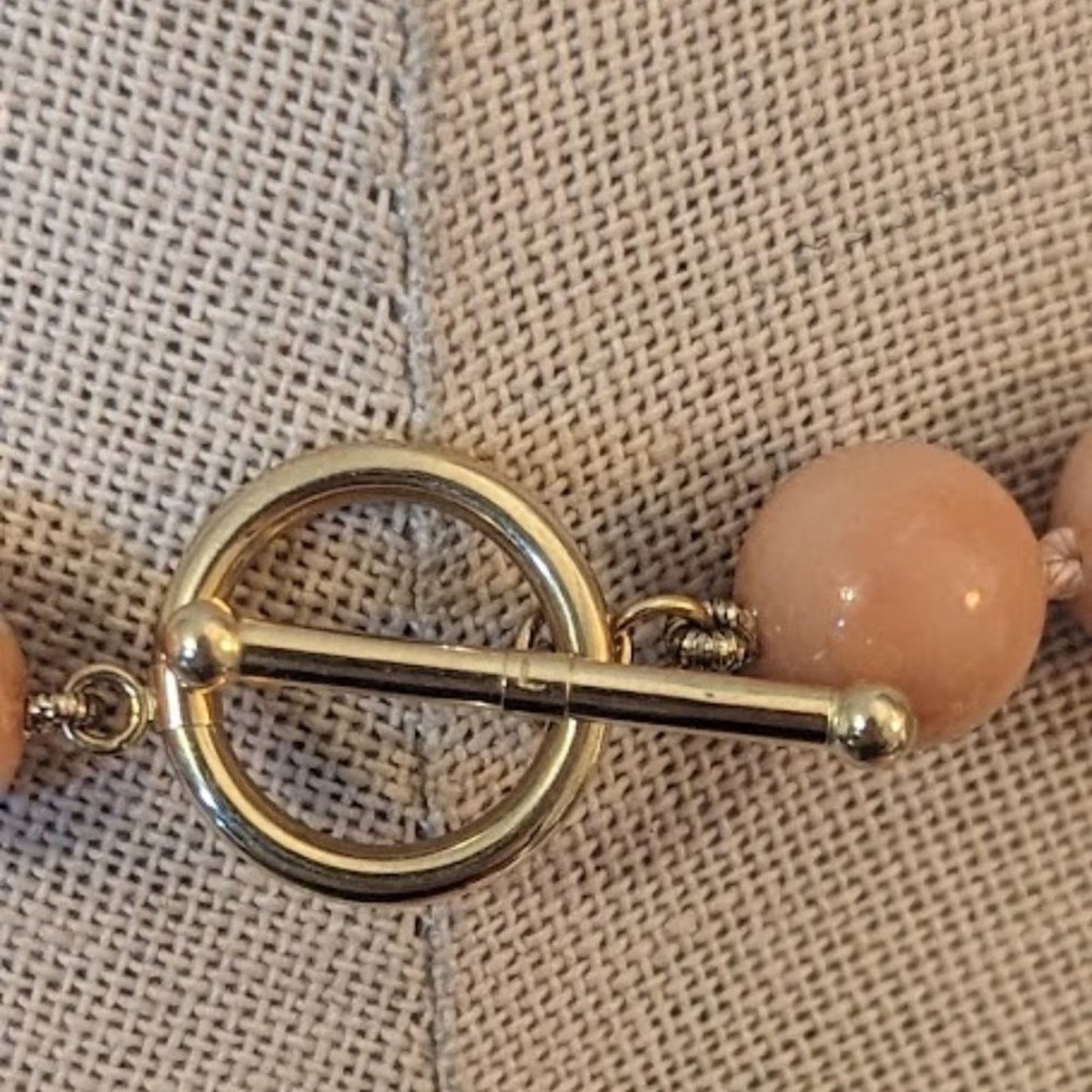 Peach Polished Stone Necklace with Gold Toggle Clasp Marked 'L'