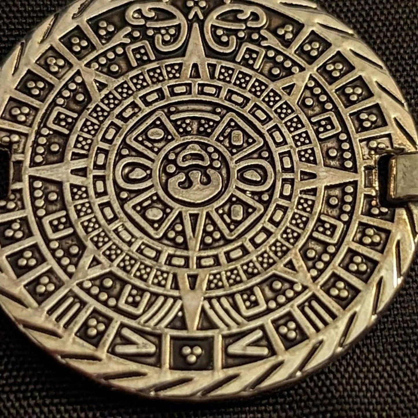 Vintage Silver Tone Mayan Aztec Calendar Coin Fold Over Clasp Bracelet
