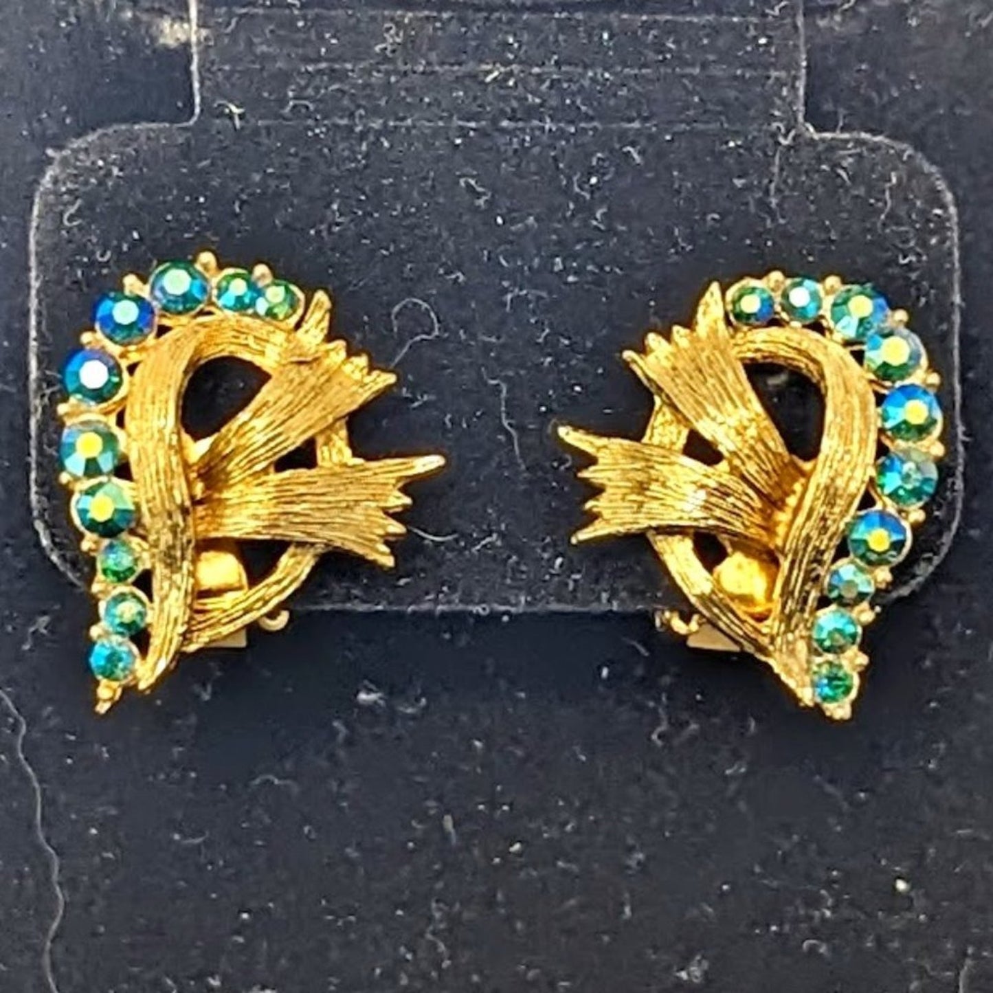 Vintage Gold tone Bow Design AB crystal clip on earrings
