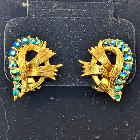 Vintage Gold tone Bow Design AB crystal clip on earrings