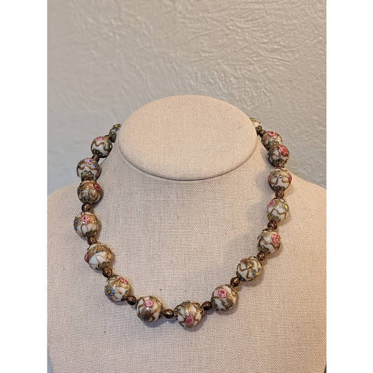 Vintage Venetian Glass Wedding Cake White Bases Roses 16" Necklace
