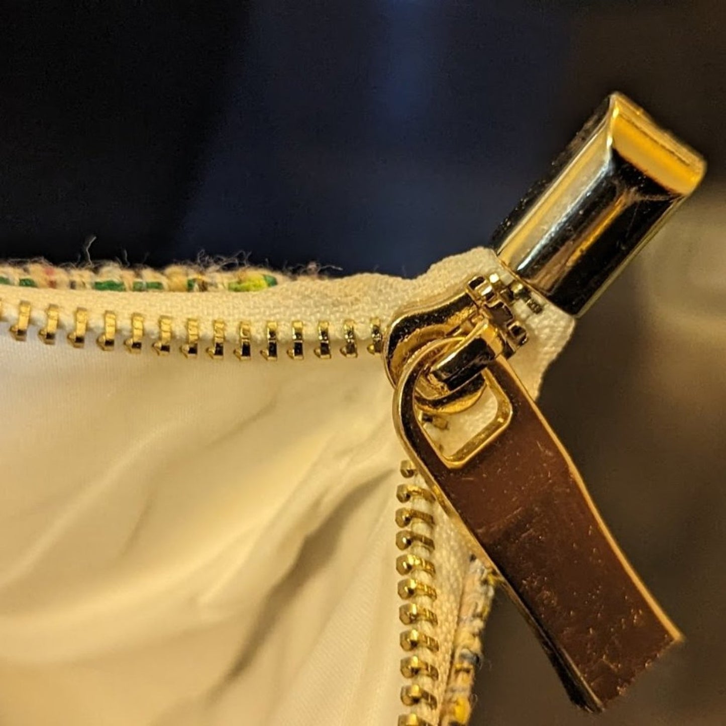 Cream Tweed Fold Over Bag. Gold Tone Hardware and Chain with White Satin Lining