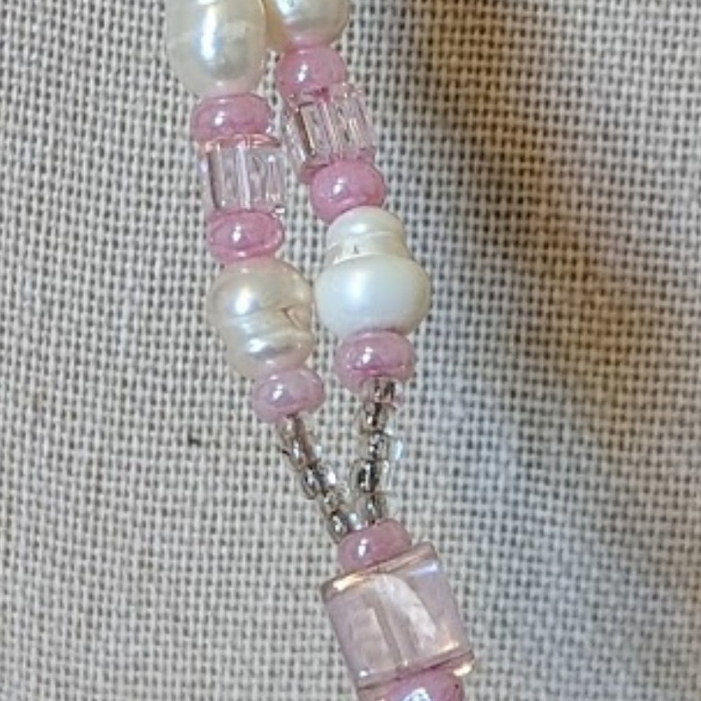 Pink Quartz, Potato Pearls, and Glass Bead Tassel Necklace