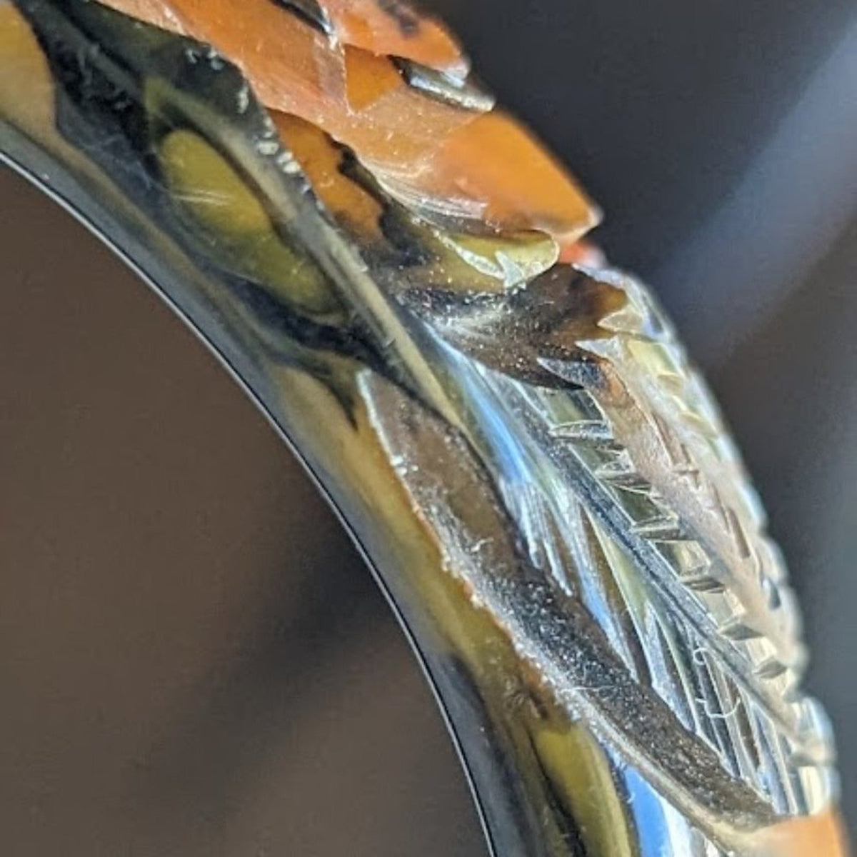 Rare 1930s Carved Roses Translucent End of Day Bakelite Bangle Bracelet