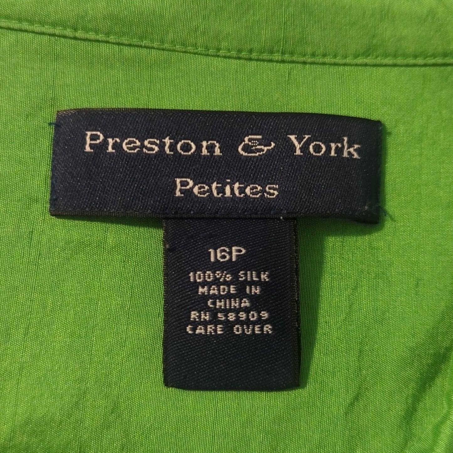 Preston & York Kelly Green 100% Silk Button Front Shirt Women's Petite Size 16P
