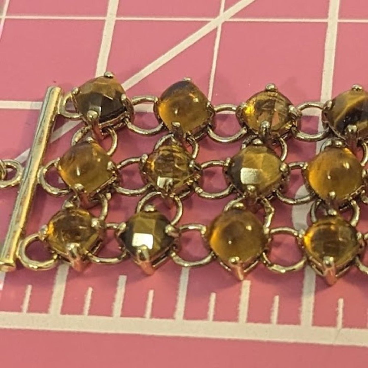 Faceted Tiger's Eye & Brown Bead Three Strand Gold Filled Link Chain Bracelet