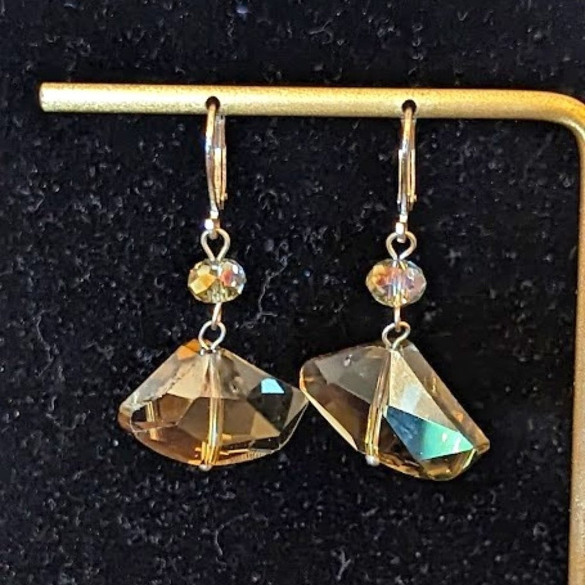 Smoky Cut Glass and Crystal Lever Back Earrings Silver Tone