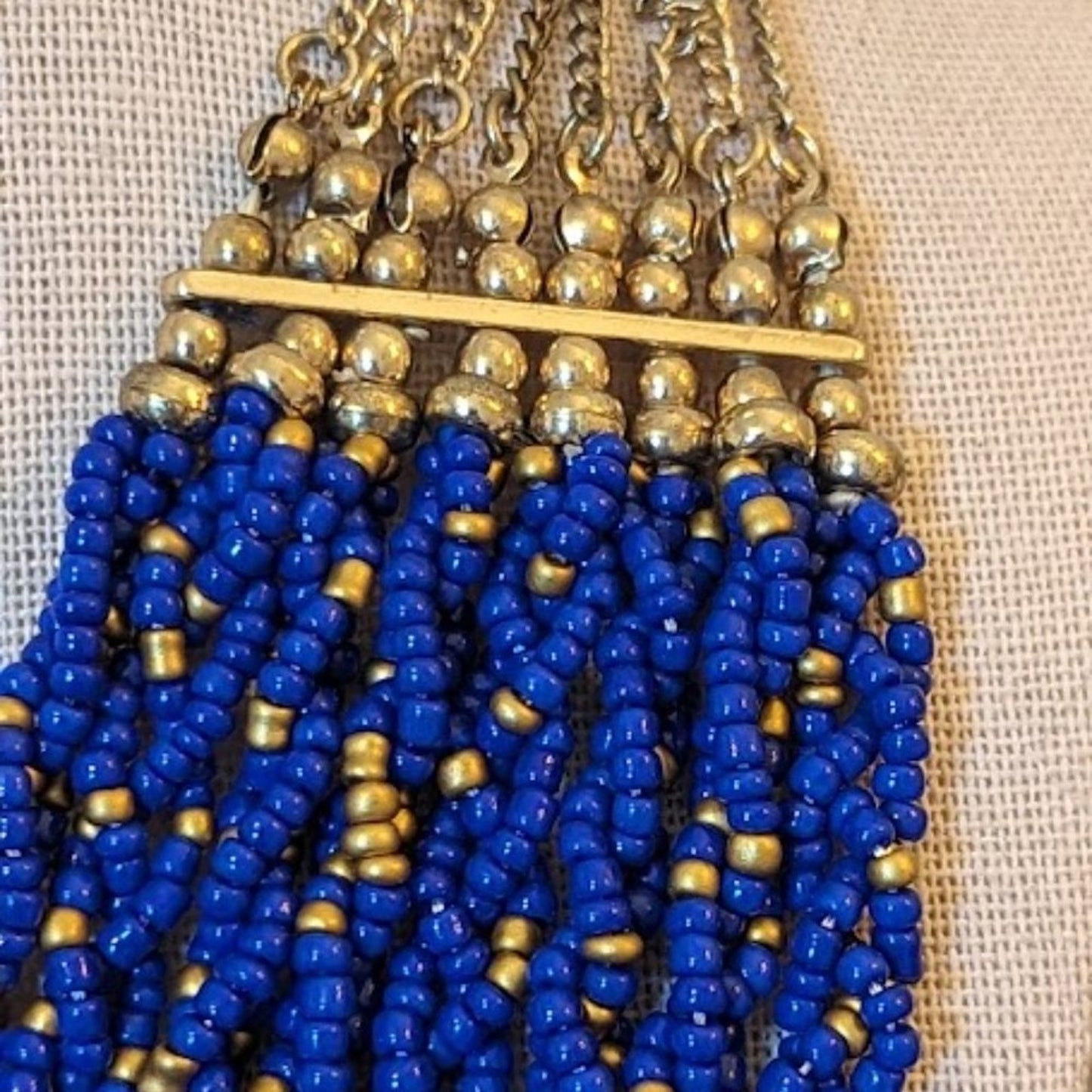 Multi-Strand Braided Blue and Gold Seed Bead Collar Necklace