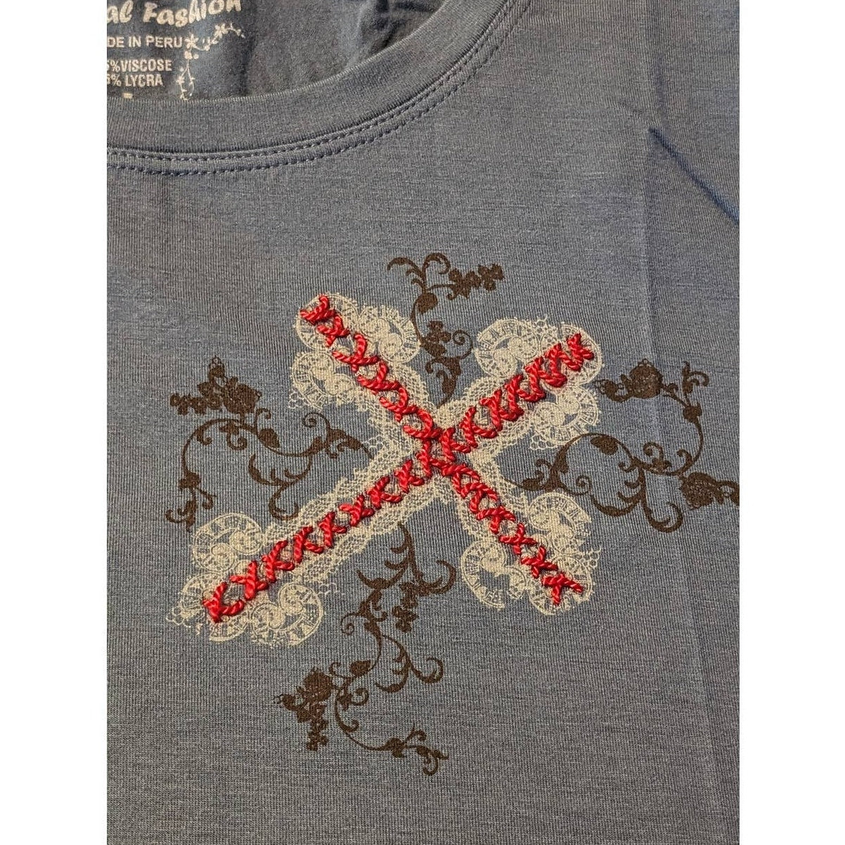 G. Designs Dusty Blue Embroidered Boho Long Sleeve Viscose/Lycra Tee Womens Sz L