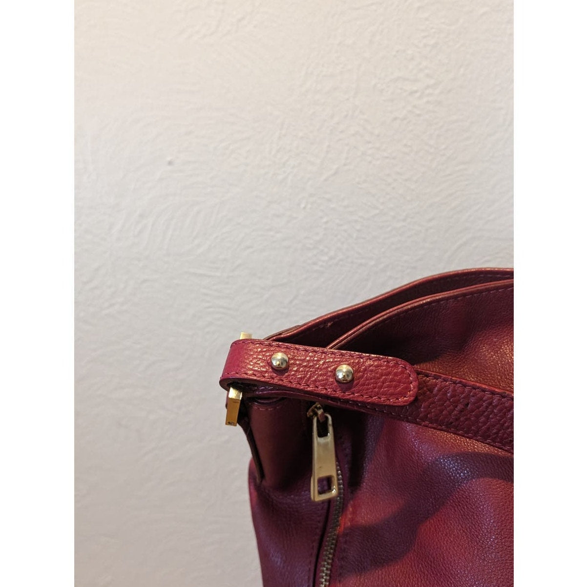 Varriale Dark Red Italian Leather Double Front Gold Zipper Bucket Shoulder Bag