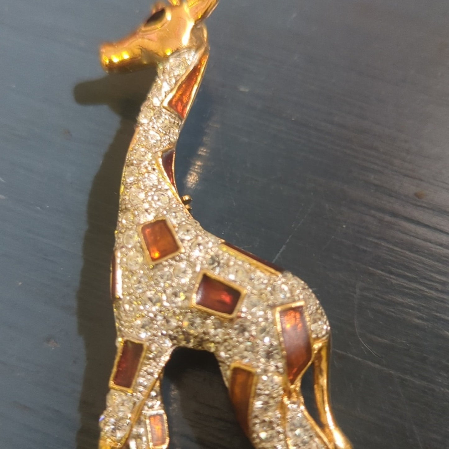 Roman's Signed Rhinestone Encrusted Brown Enameled Gold Tone Giraffe Brooch