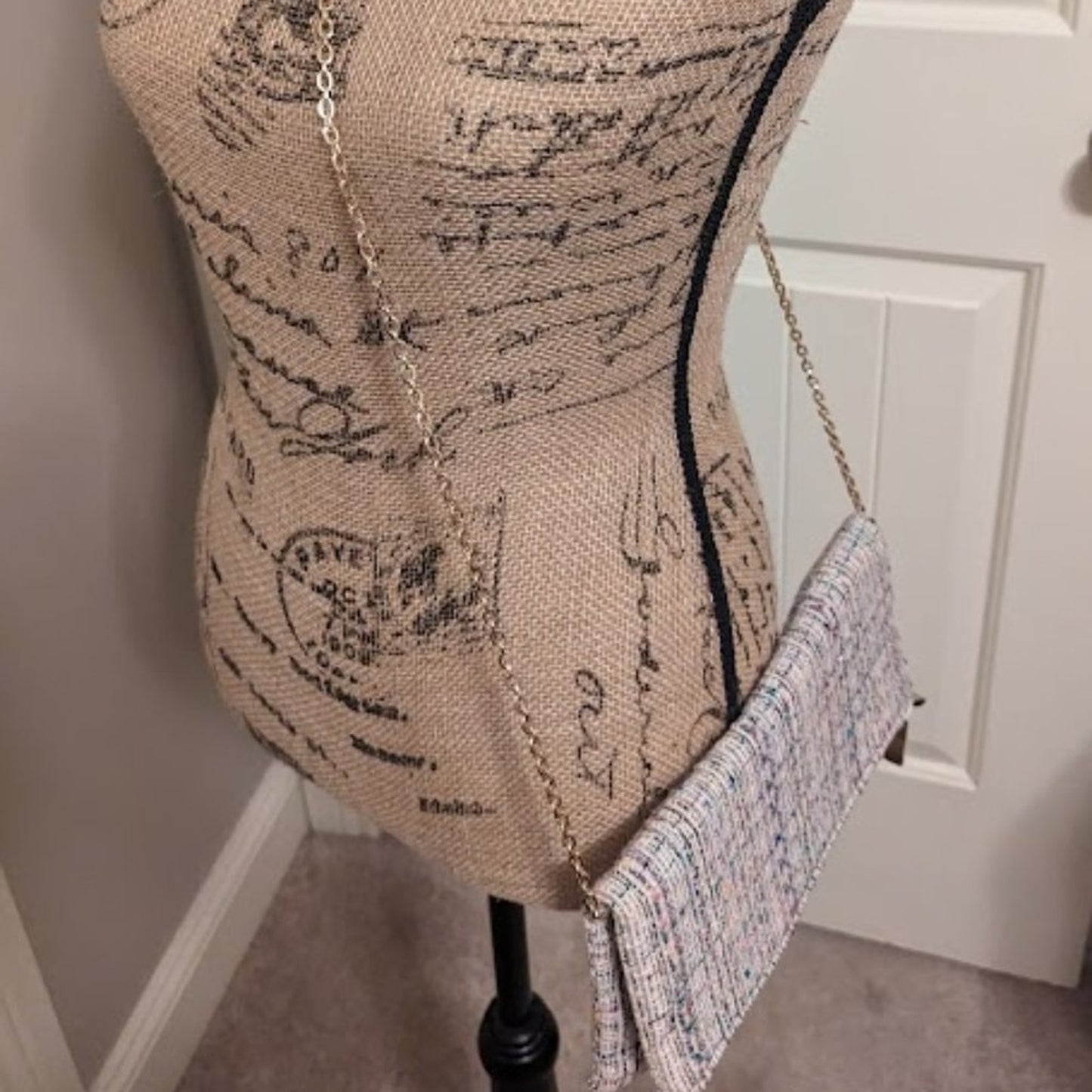 Cream Tweed Fold Over Bag. Gold Tone Hardware and Chain with White Satin Lining