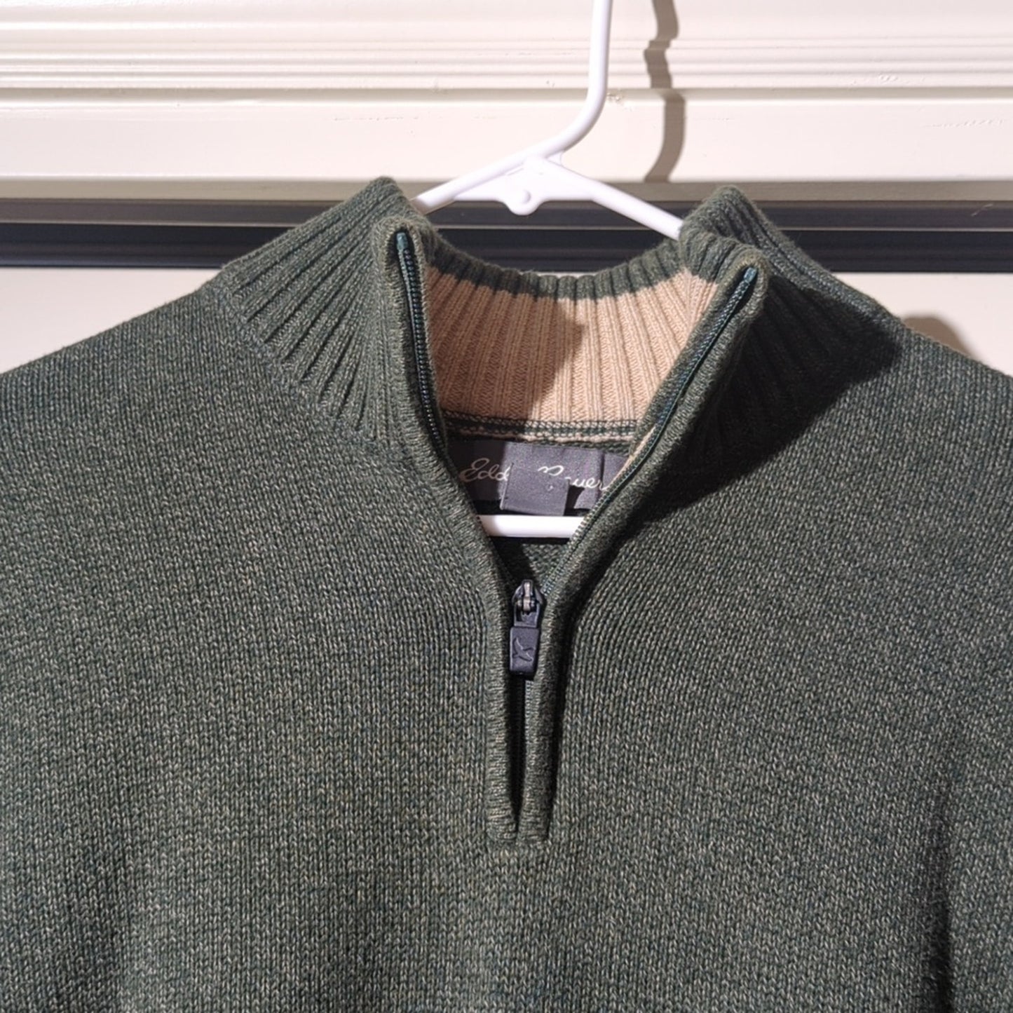 Eddie Bauer Green Heather Quarter Zip Ribbed Collar, Hem, & Cuffs Sweater Sz. M