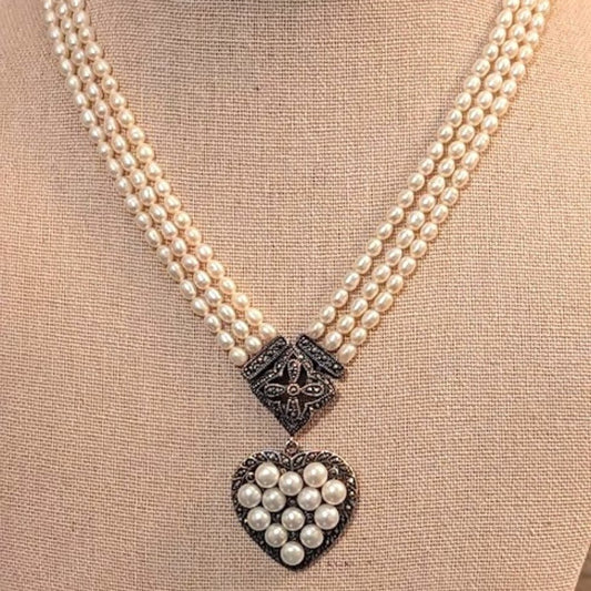 Vintage Sterling 925 CFJ Multi-Strand Pearl Marcasite Heart Necklace