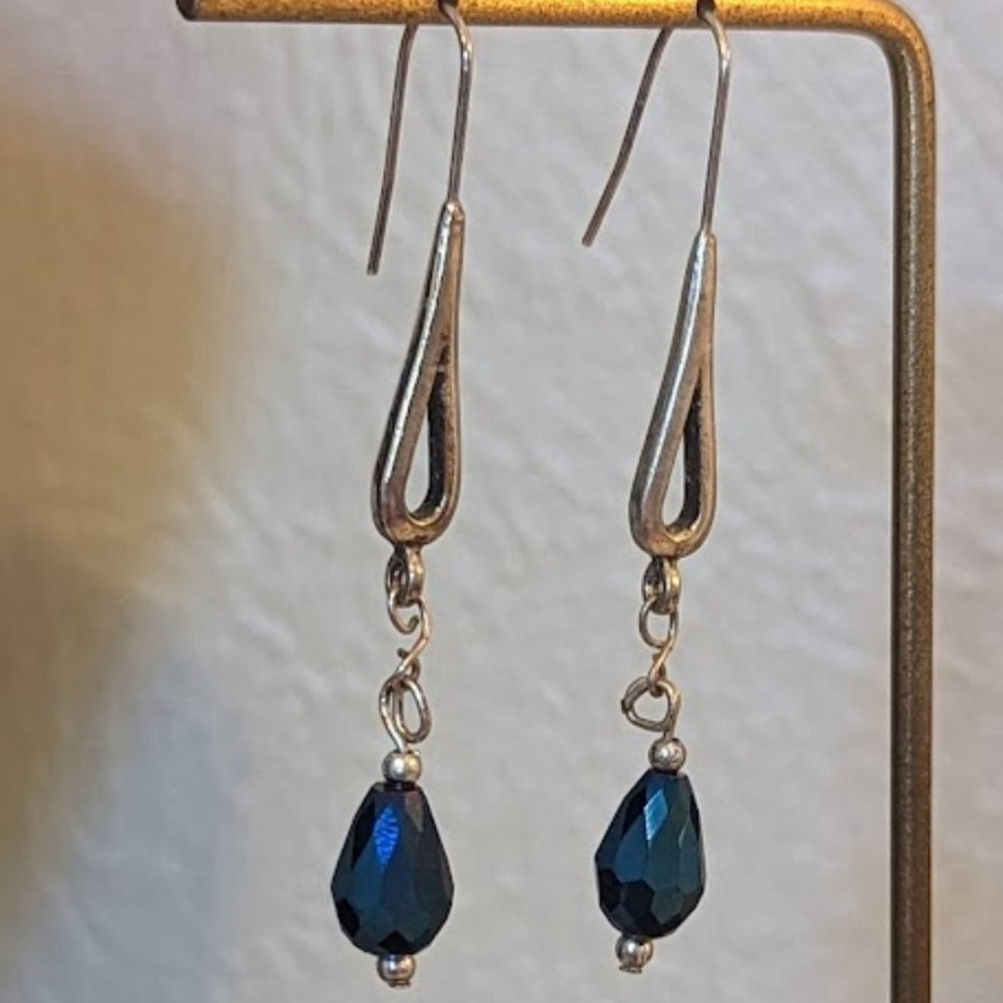 Blue Glass Crystal Teardrop Silver Tone Dangle Earrings