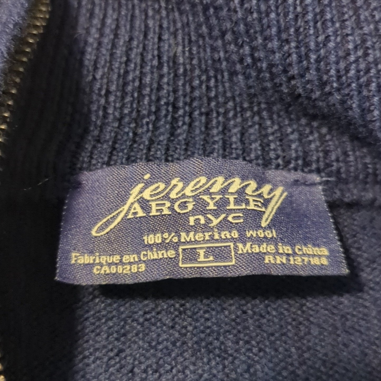 Jeremy Argyle NYC 100% Merino Wool Navy Quarter Zip Stand Collar Men's Size L
