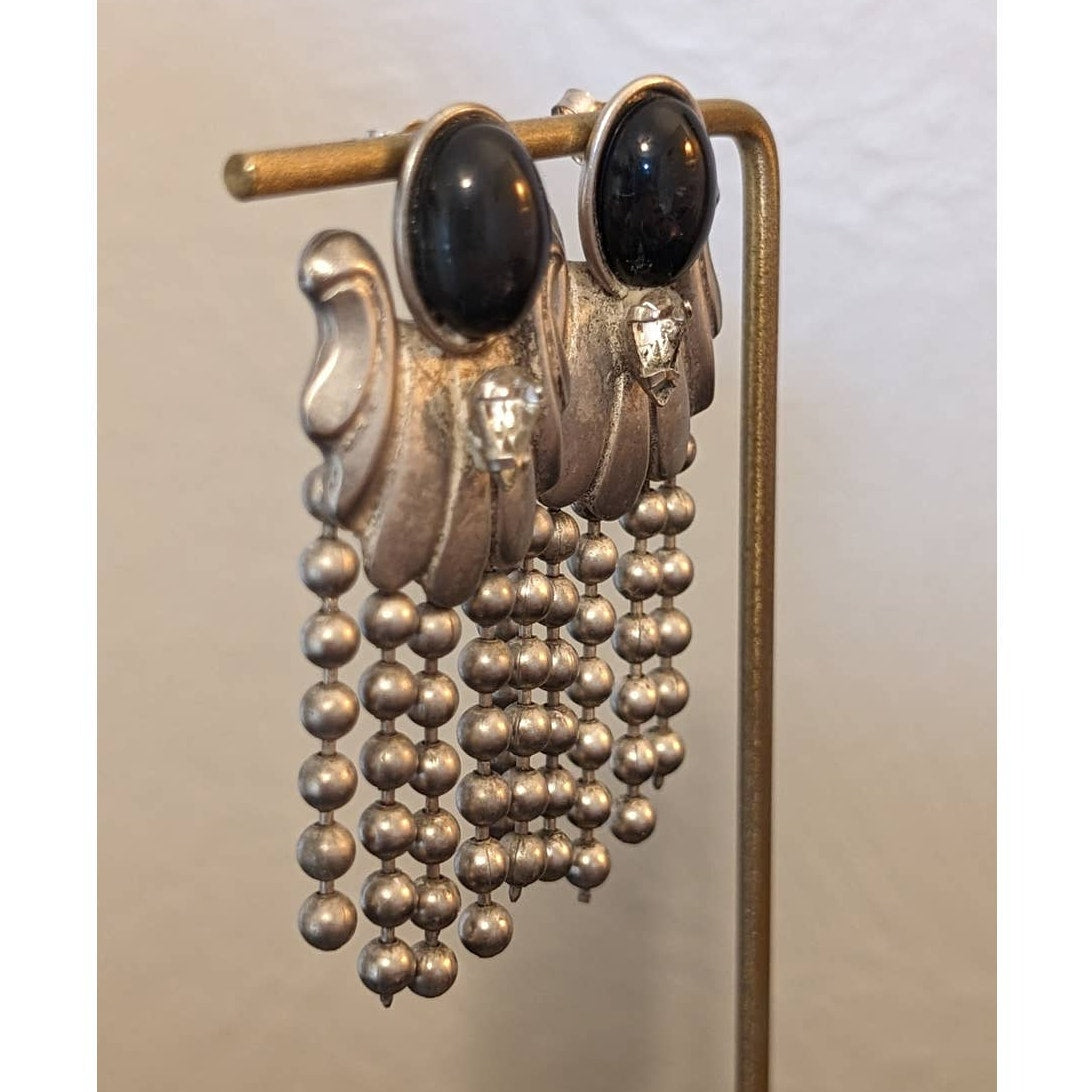 Vintage 80s Beaded Drop Silver Tone Black Bead Rhinestone Glam Post Earrings