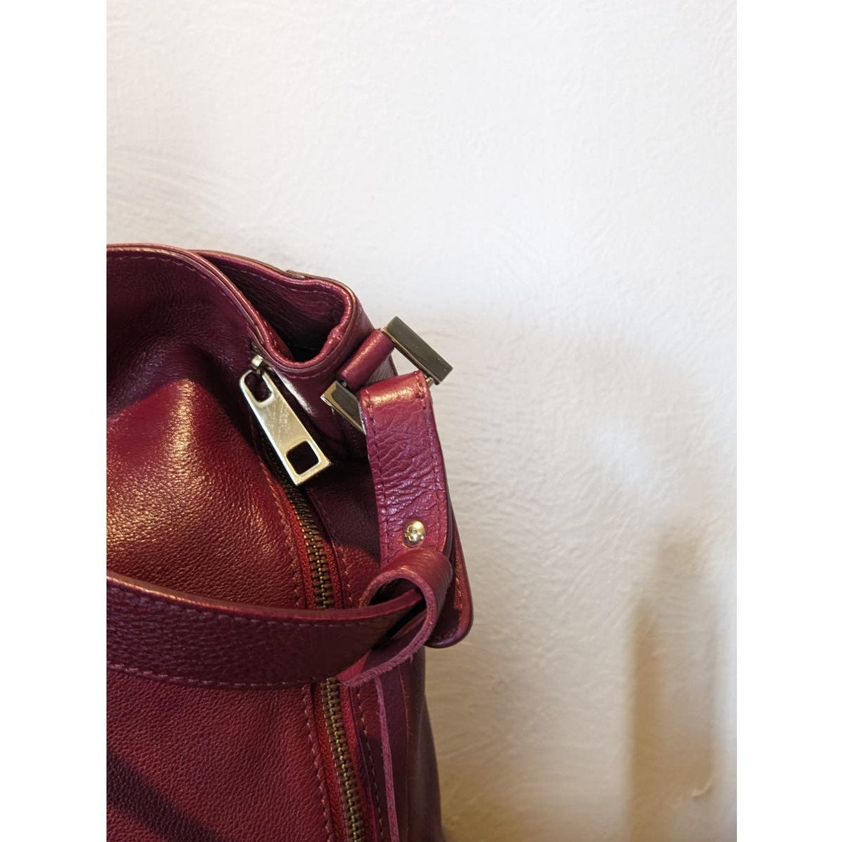 Varriale Dark Red Italian Leather Double Front Gold Zipper Bucket Shoulder Bag