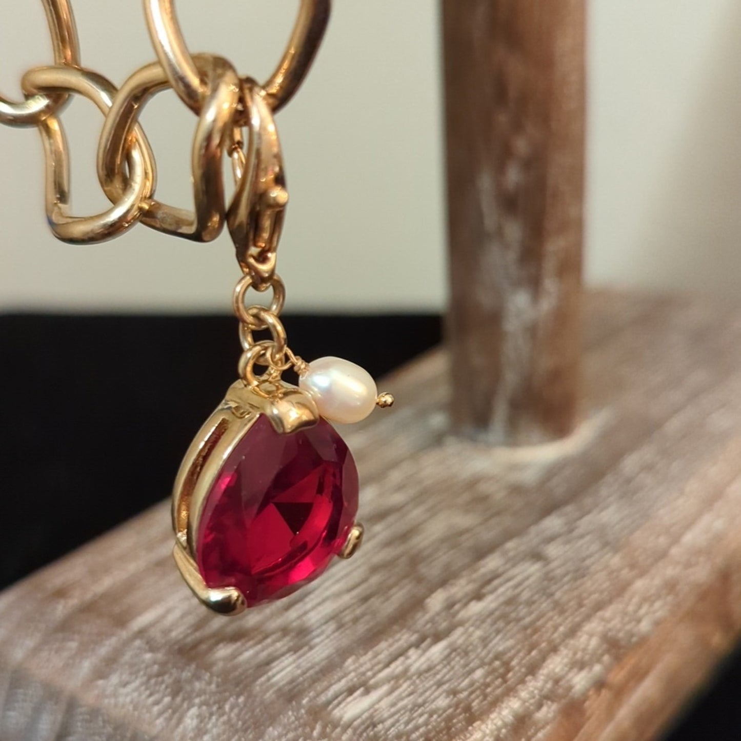 Monet Red Teardrop Crystal Charm Gold-Tone Chain Toggle Clasp Bracelet 6.5-6.75"