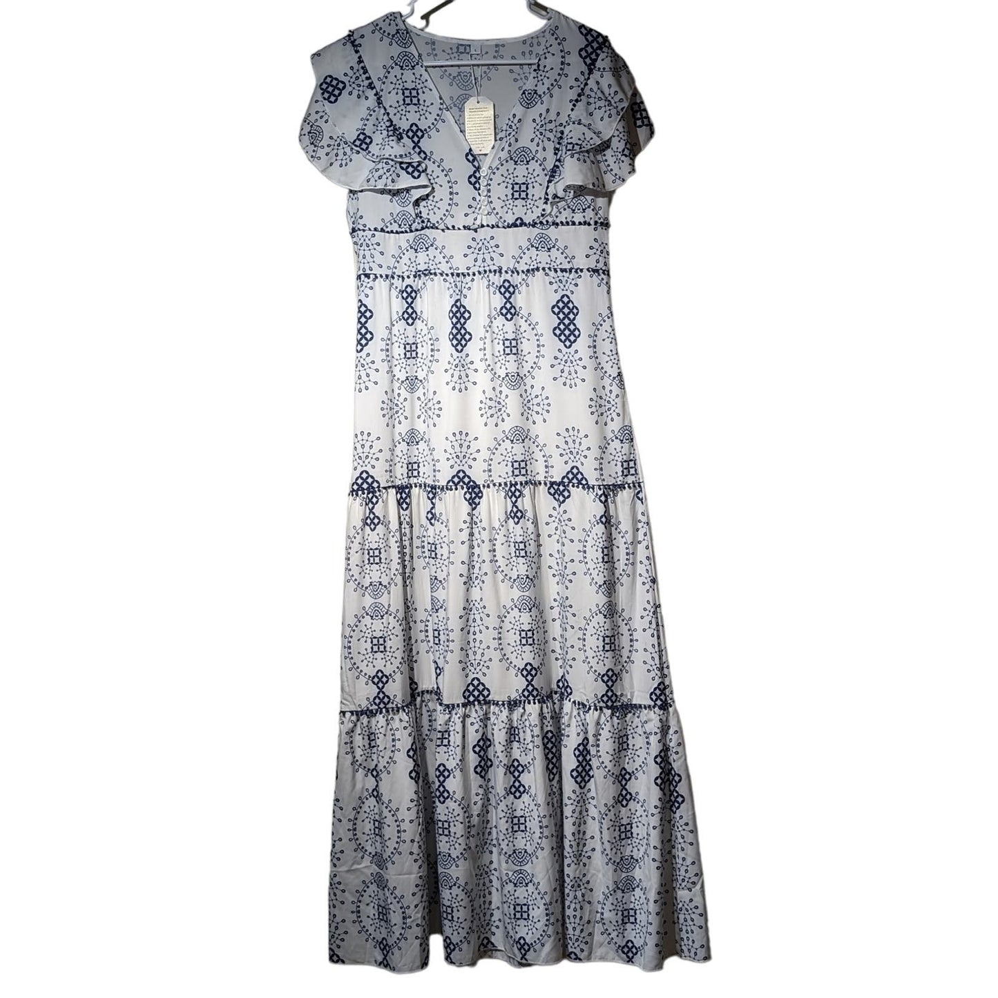 NWT Made with Love Navy/White Flutter Sleeve Tiered Maxi Dress Womens Sz L