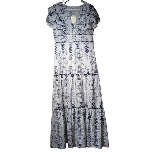 NWT Made with Love Navy/White Flutter Sleeve Tiered Maxi Dress Womens Sz L