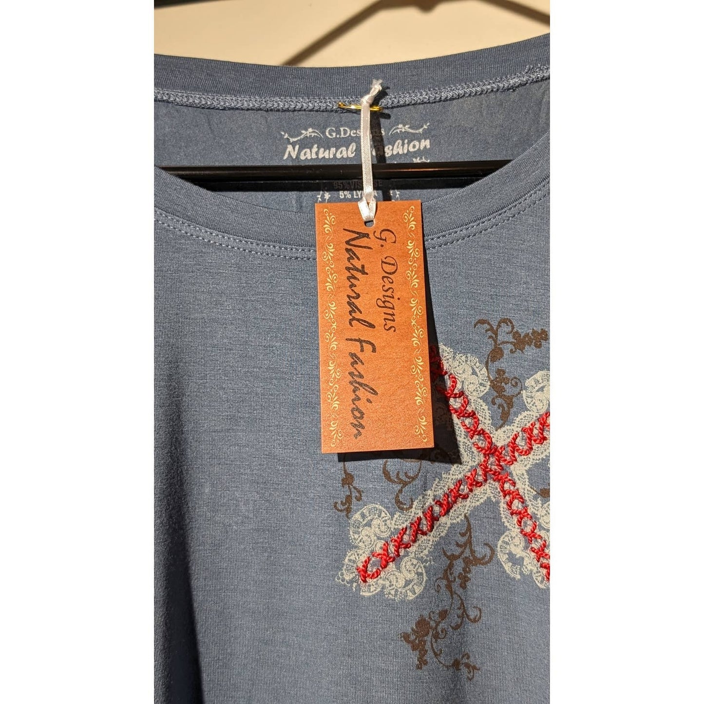 G. Designs Dusty Blue Embroidered Boho Long Sleeve Viscose/Lycra Tee Womens Sz L